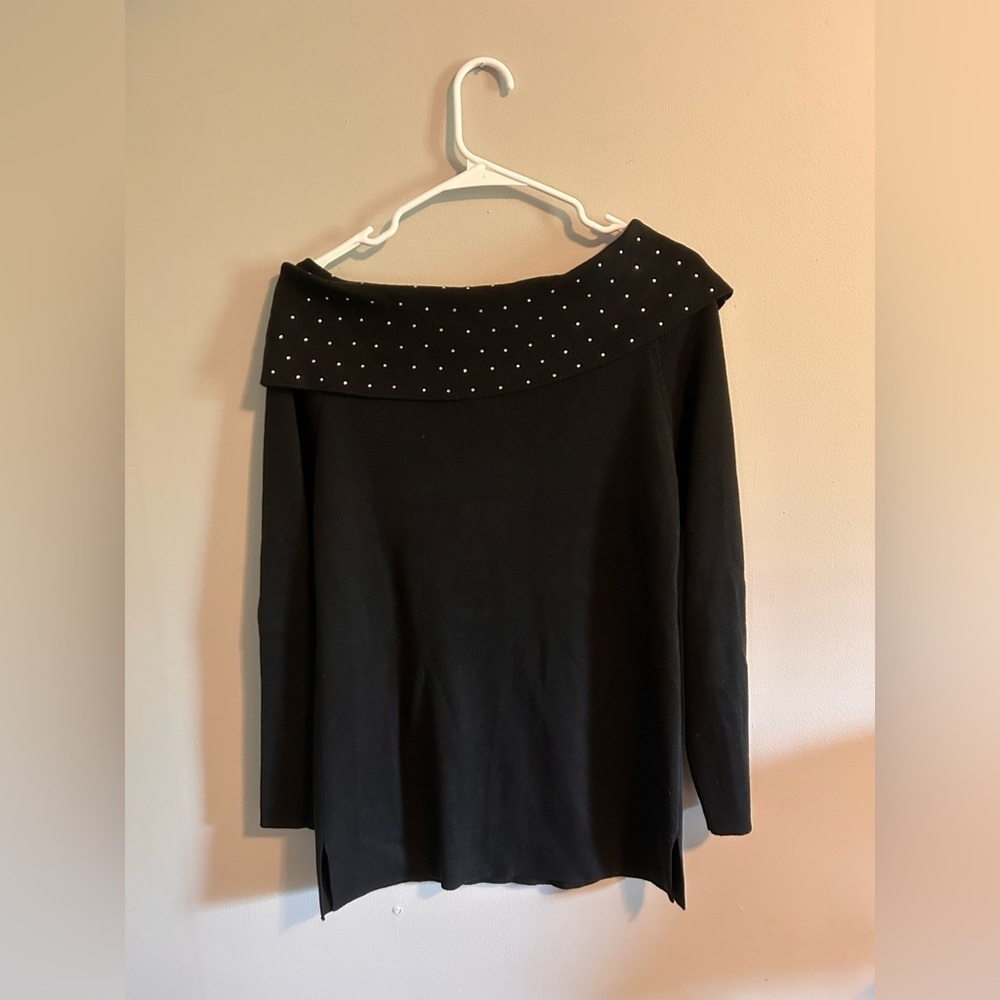 Y2K Quacker Factory Off Shoulder Rhinestone Black Sweater - Picture 3 of 4